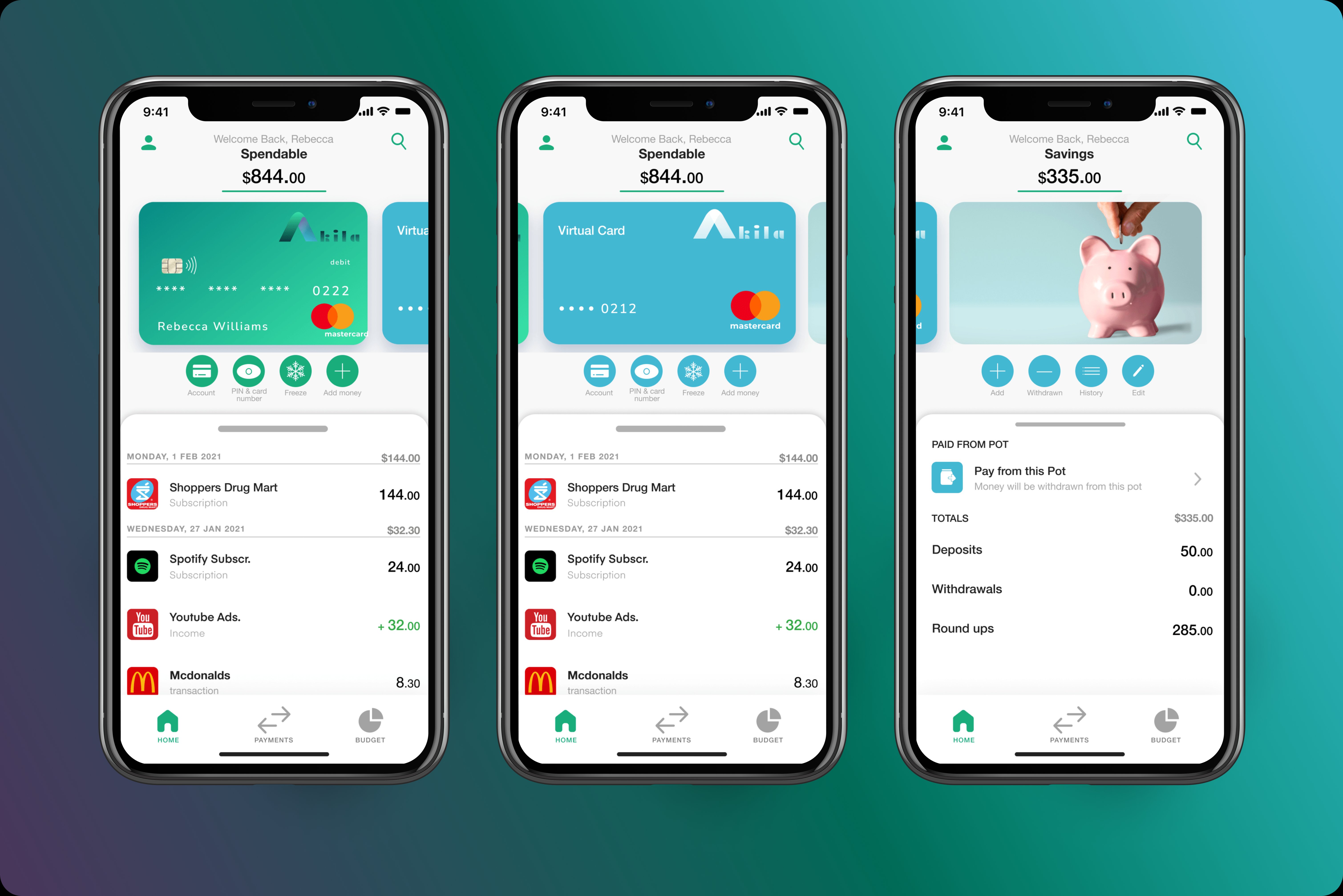 Akila account types — green debit, blue virtual, pink savings