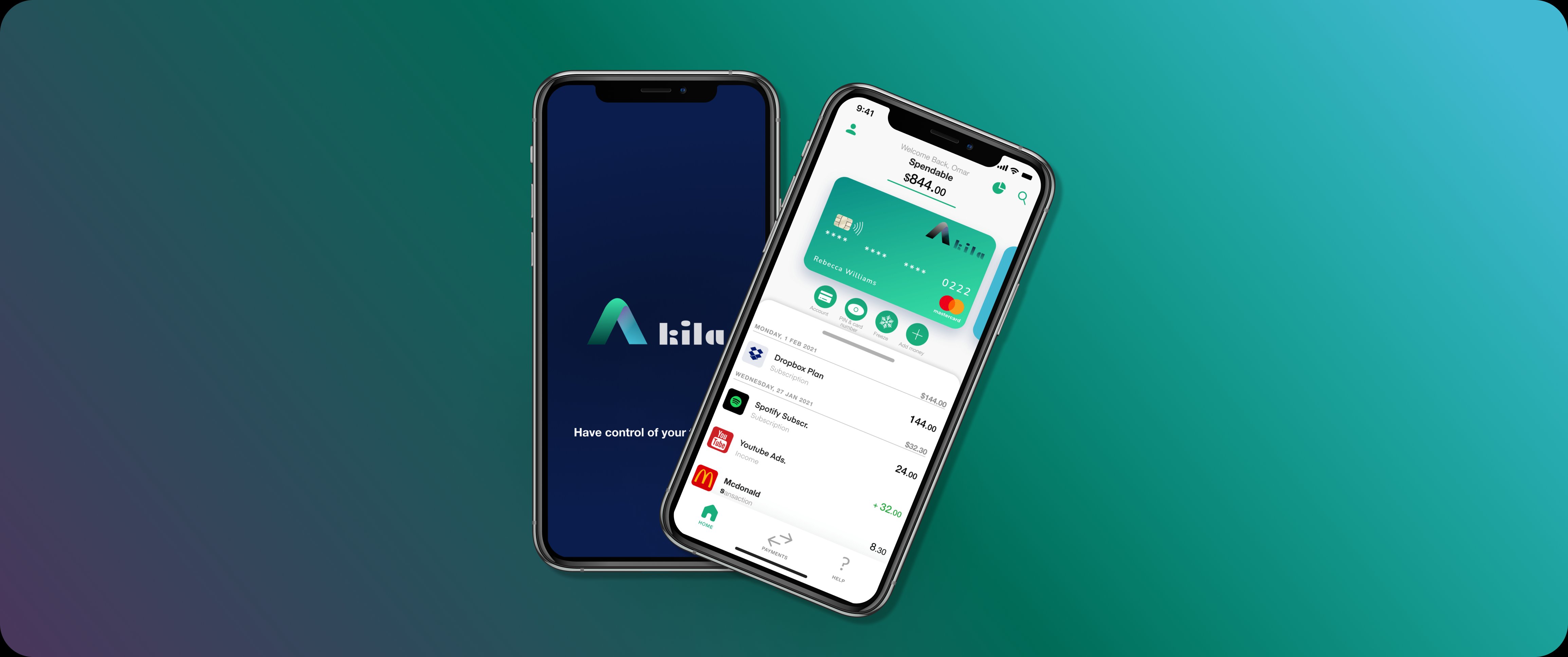 Akila brand mockup — splash screen and home screen on iPhone
