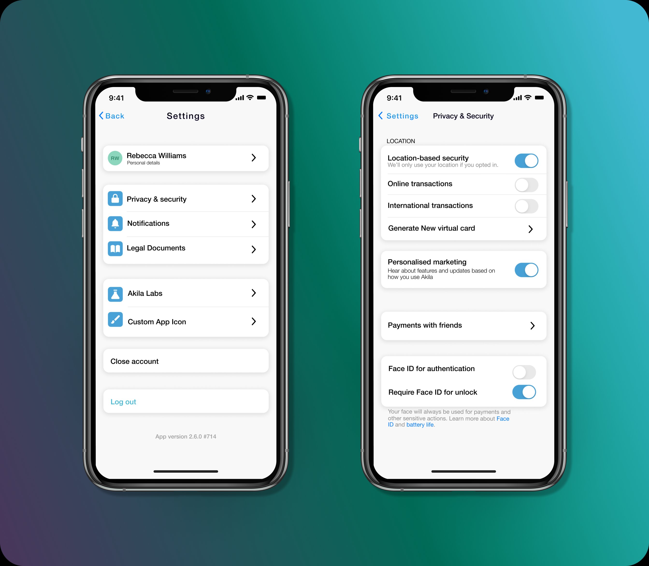 Akila settings and privacy screens with granular toggles for online, international, location-based transactions