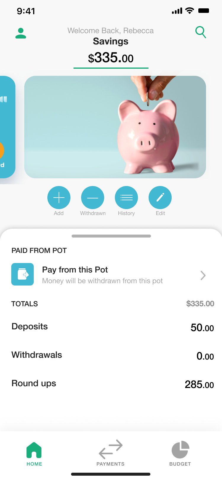 Akila savings pot — round-ups and named pots