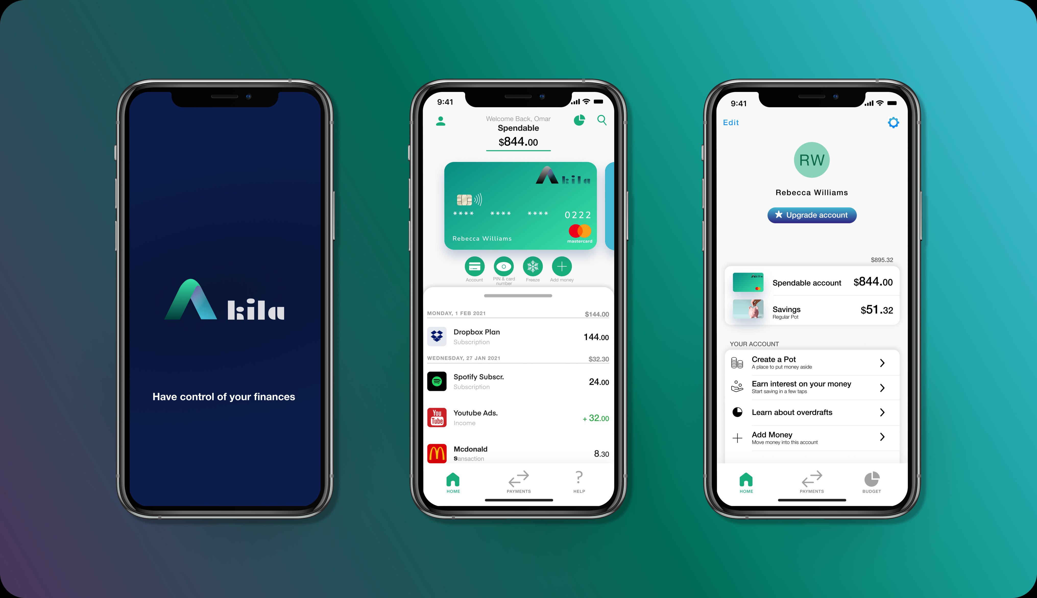 Akila splash, home, and account screens