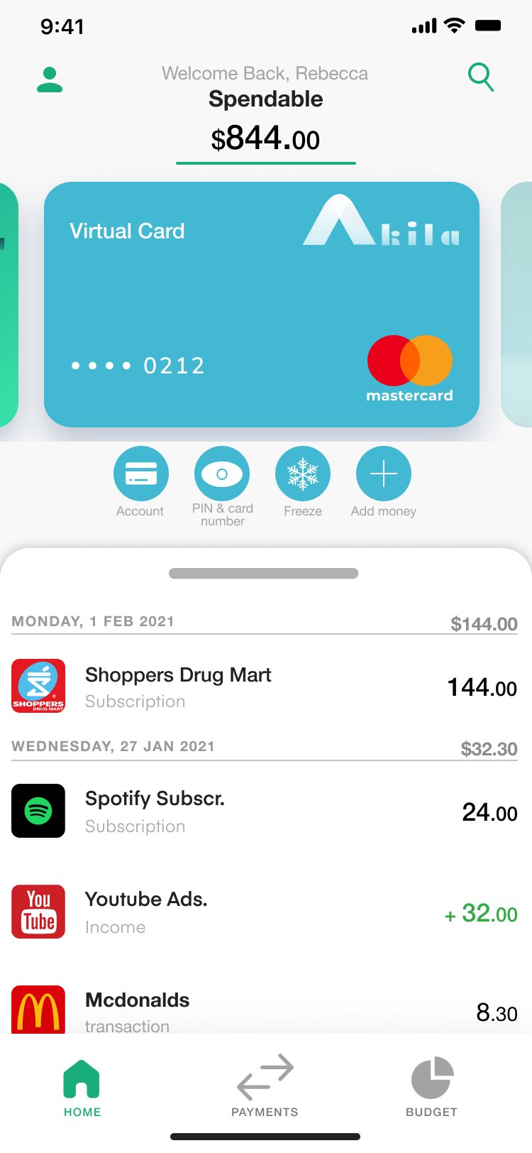 Akila virtual cards screen — disposable card with transaction history