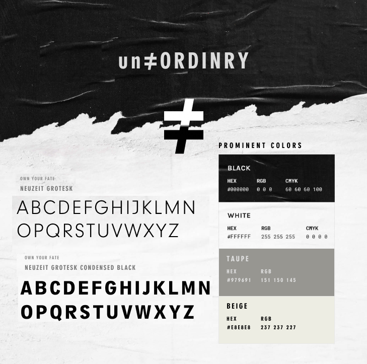 un≠ORDINRY brand book — typography (Neuzeit Grotesk) and palette (black, white, taupe, beige)