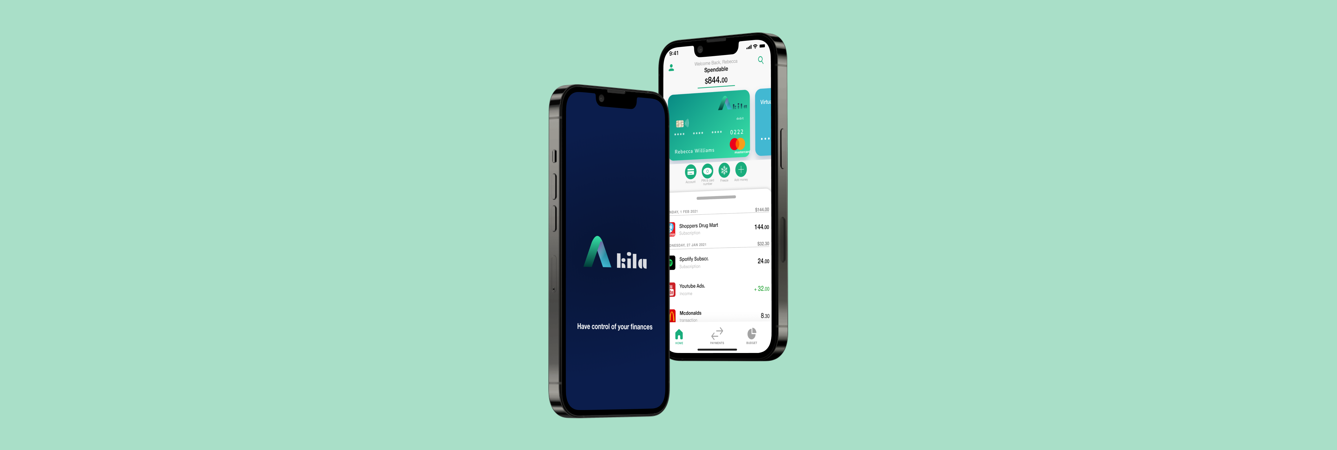 Akila Fintech app — hero shot showing the home dashboard