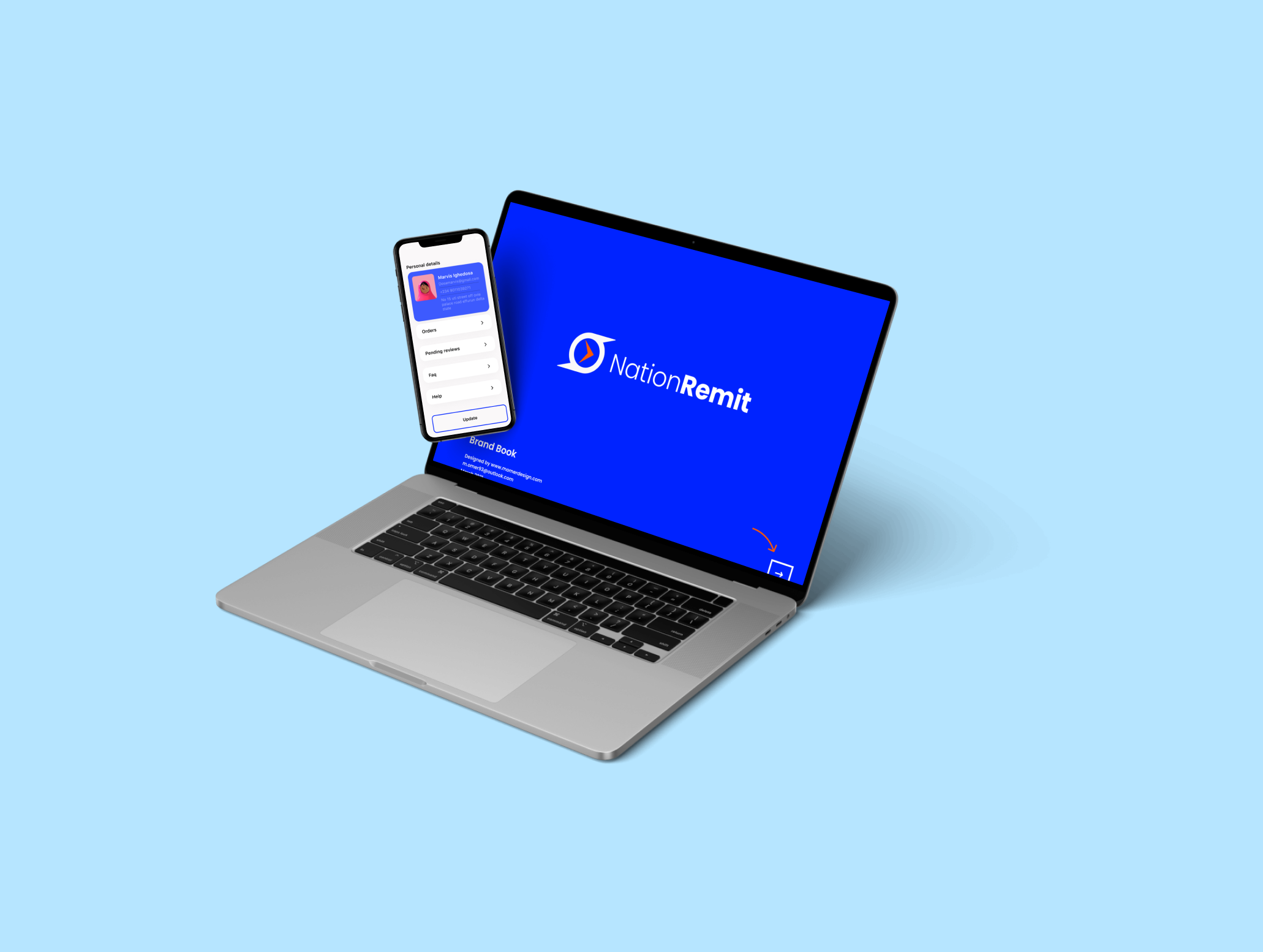 Open laptop displaying NationRemit logo on blue screen with a floating smartphone showing a user profile and menu options.