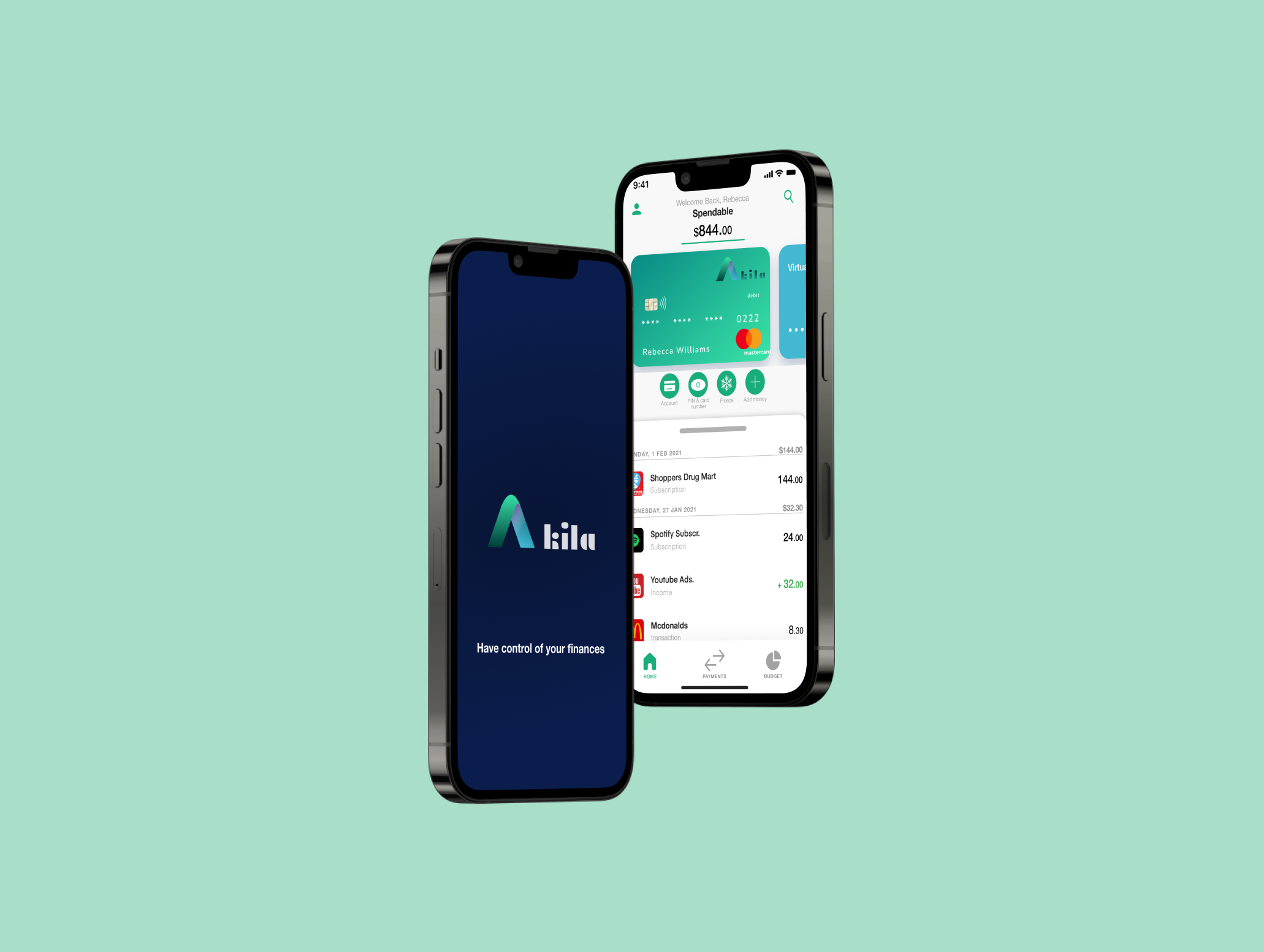 Two smartphones displaying Akila finance app, one with logo and tagline, the other showing account balance and recent transactions.