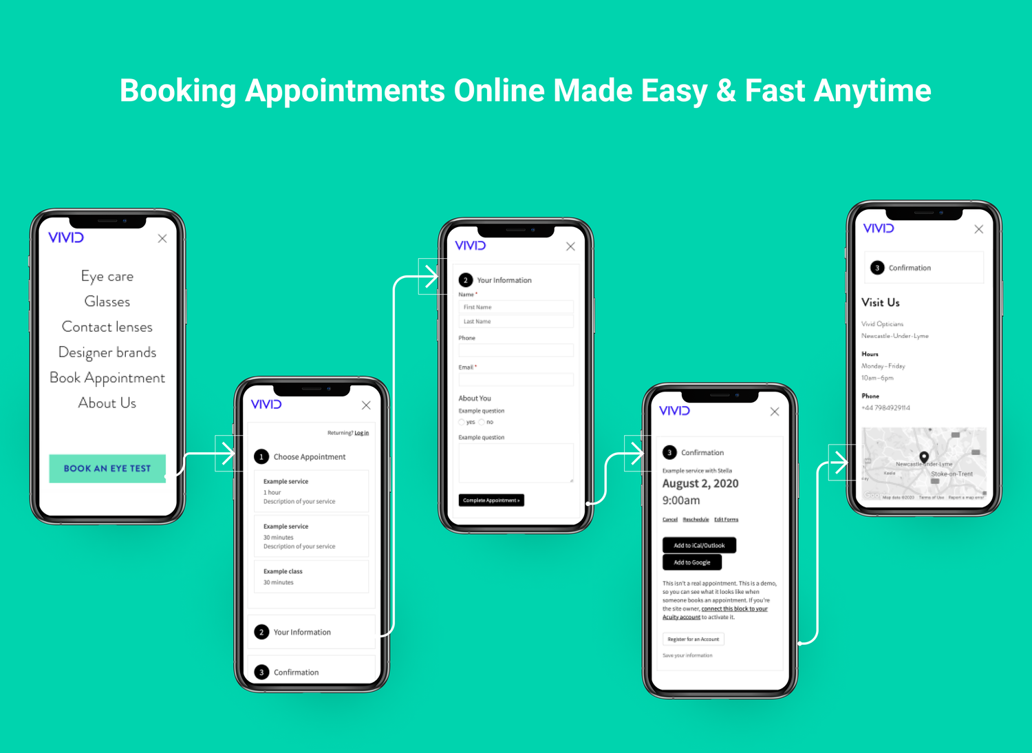 Vivid Opticians mobile booking flow