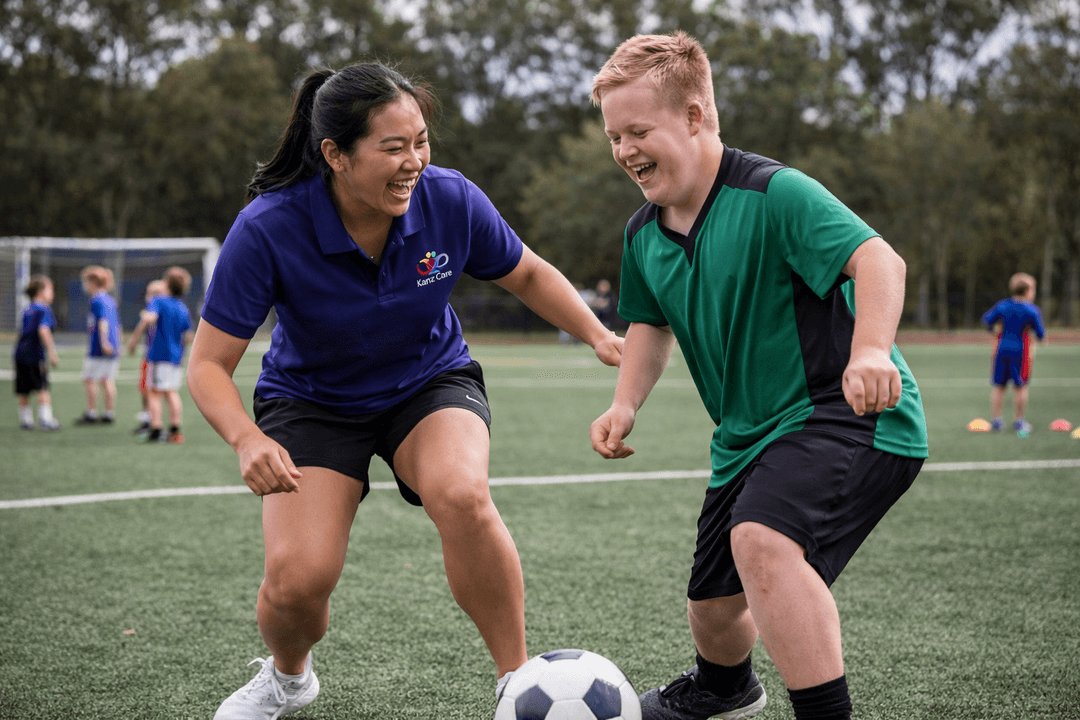 Kanz Care &mdash; a worker and participant playing soccer at a community sports session